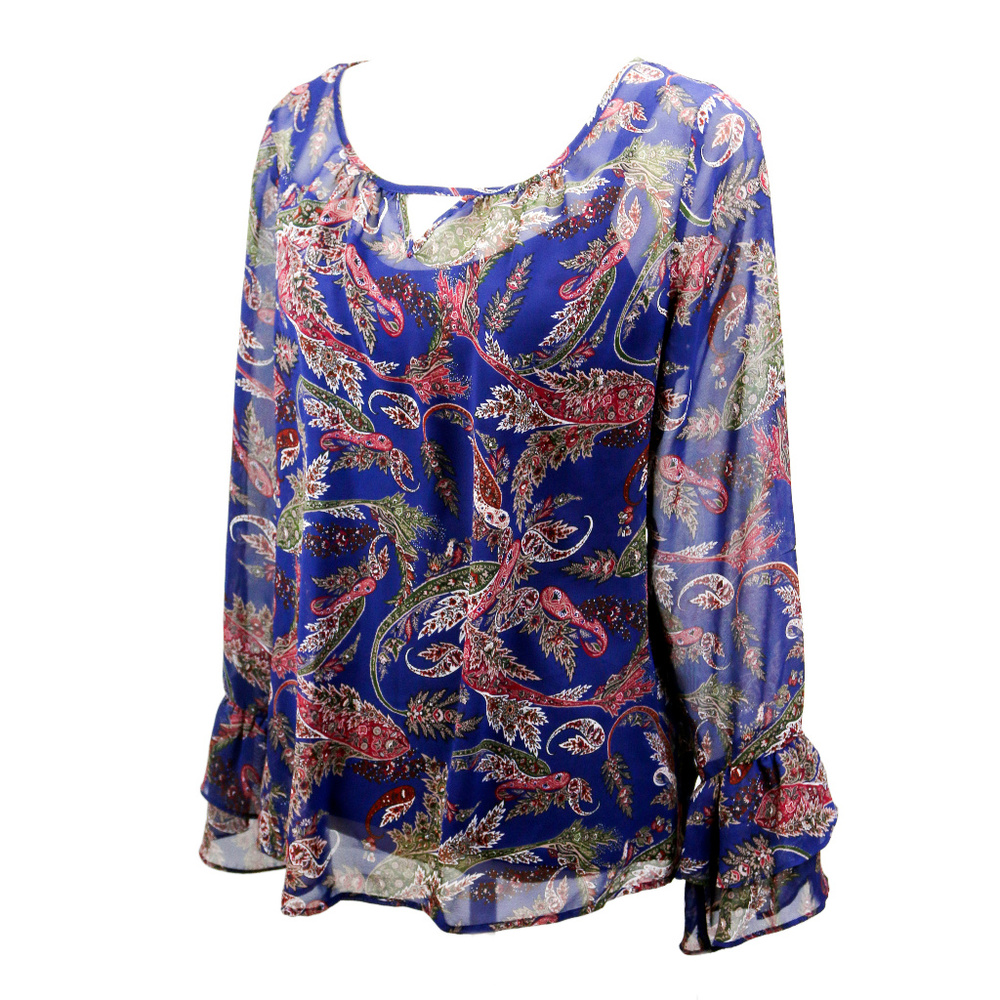 Alyx Women’s Navy Blue Leaf Print Blouse Long Sleeve Cami Style NWT - Picture 2 of 8